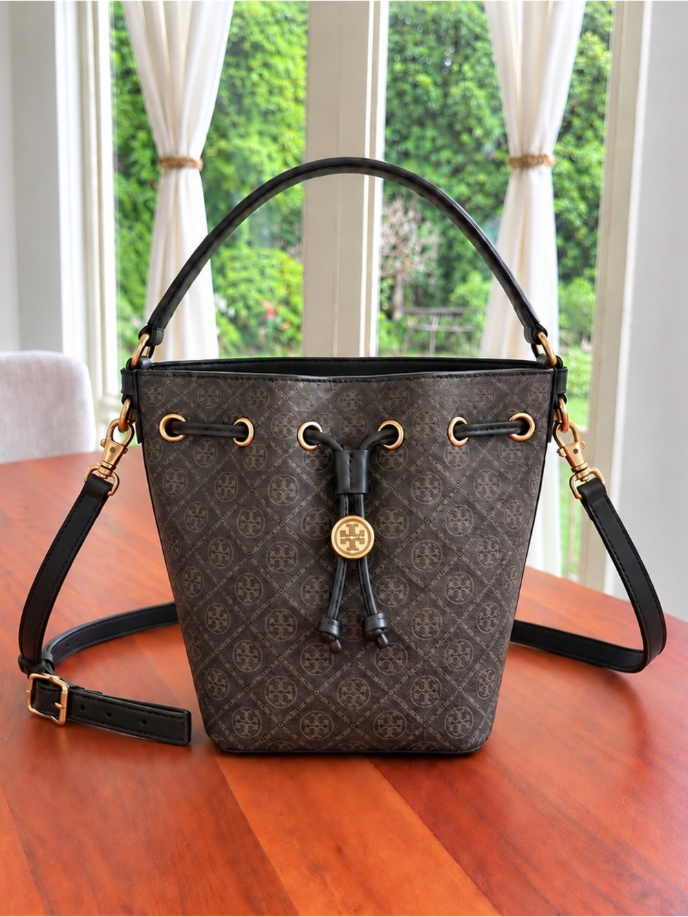 🤎✨ NWT Tory Burch T Monogram Coated Canvas Bucket Bag • French Press